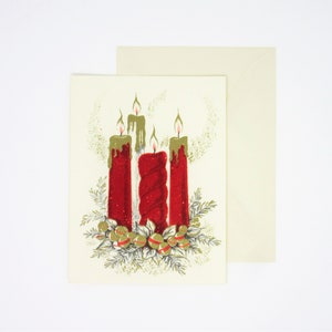 Vintage Unused Christmas Card Featuring Red Flocked Candles With Glitter Accents Surrounded by a Advent Wreath of Holiday Bells Made in USA image 2