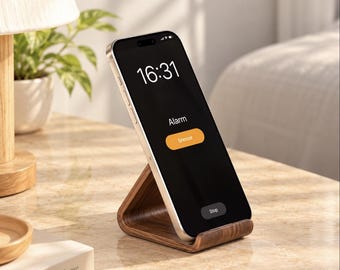 ソリッドブラックウォールナット製スマホスタンド、ミニマルな木製ホルダー、一体型で耐久性のあるデザイン、ナチュラル仕上げ