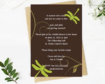 Dragonfly Bridal Shower Invitation - Printable and Customizable Digital Download, wedding shower invitation, personalized invite