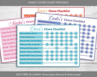 Custom Chore Chart for Kids,  Printable Chore Chart Template, Family Chore Chart Canva, Editable Task List for Kids, Allowance Tracker