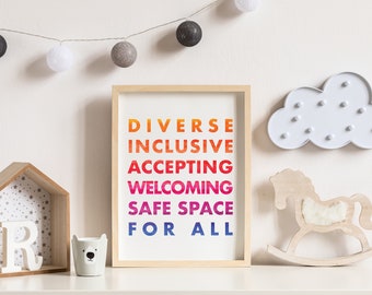 Diverse Inclusive Accepting Welcoming Safe Space For All | Instant Download | Wall Art | Printable at Home | Home Decor | Rainbow