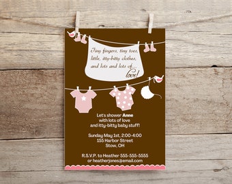 Pink and Brown Clothesline Baby Shower Invitation - Printable and Customizable Digital Download, Custom Baby Shower Invite, Email, Print