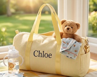 Personalized Kids Duffle Bag Embroidered Seersucker Overnight Bag Custom Name Toddler Weekender Travel Duffel Baby Shower Gift