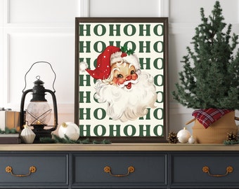 Santa Claus Print, Christmas Mantel Decor, Ho Ho Ho Christmas Sign, Winter Poster, Retro Christmas Wall Art Printable, Holiday Bedroom Decor