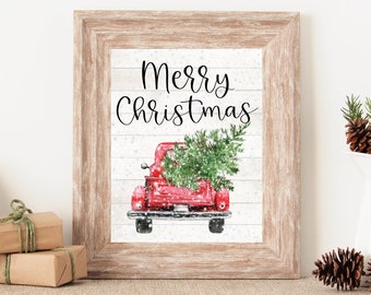 Merry Christmas Sign, Red Christmas Truck Sign, Christmas Wall Art, Rustic Christmas Sign, Farmhouse Christmas Wall Decor, Christmas Prints