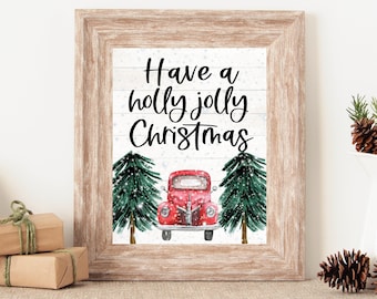 Arte de la pared de Navidad, letrero de feliz Navidad, letrero de camión de Navidad rojo, letrero de Navidad rústico, decoración de la pared de Navidad de la granja, letrero de Holly Jolly