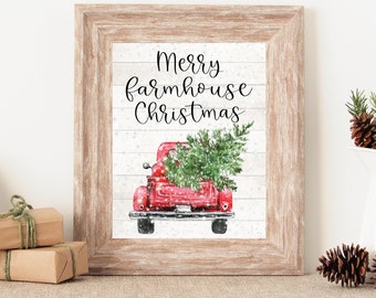 Merry Farmhouse Christmas, Red Christmas Truck Sign, Christmas Wall Art, Rustic Christmas Sign, Christmas Wall Decor, Christmas Prints