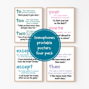 Può includere: Quattro poster stampabili con bordi colorati, ognuno con una coppia di omofoni con definizioni ed esempi di frasi. Le parole sono "to/too/two", "your/you're", "except/accept" e "than/then".