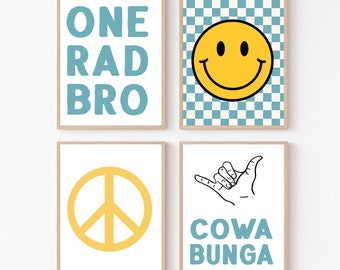 Boho Beach Nursery, Toddler Boy Room, Surf Nursery Decor, Kids Gallery Wall, Retro Playroom, Little Bro, Blue Yellow Nursery Wall Art, Shaka