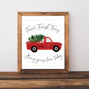Farmhouse Christmas Decor, Christmas Tree Prints, Rustic Christmas Sign, Holiday Wall Art Digital, Red Christmas Truck Printable, Farm Fresh