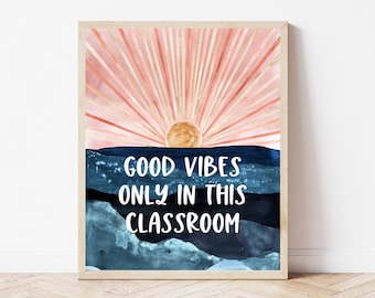 Pôster de boas vibrações, decoração de sala de aula com tema litorâneo, tema boho para sala de aula, placa de sala de aula de praia, quadro de avisos com tema de oceano, decoração para turmas do ensino fundamental