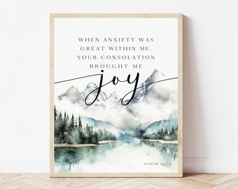 Psalm 94:19, Christian Wall Art Printable, Bible Verse Home Decor, Scripture Mountain Sign, Watercolor Bible Poster, Christian Digital Print