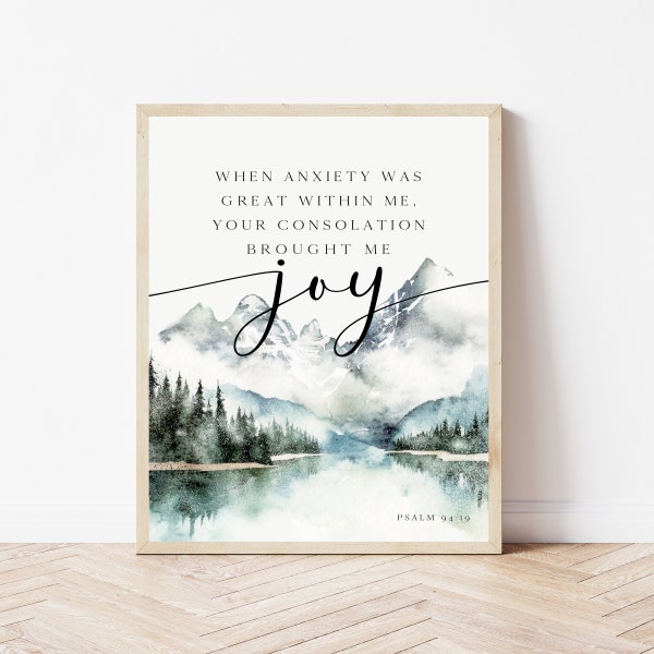 Psalm 94:19, christelijke muurkunst afdrukbaar, Bijbelvers Home Decor, Schriftbergteken, aquarel Bijbelposter, christelijke digitale print