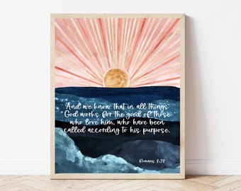 Romanos 8:28, Arte mural con versículo bíblico en acuarela, Y sabemos que en todas las cosas, Impresión de las Escrituras del Océano, Letrero Bíblico de Playa, Decoración de pared cristiana