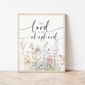 Salmo 23, Descarga impresa del versículo bíblico, El Señor es mi pastor, Decoración cristiana del hogar, Arte de la pared de la oficina de las Escrituras, Niña de la guardería de flores silvestres