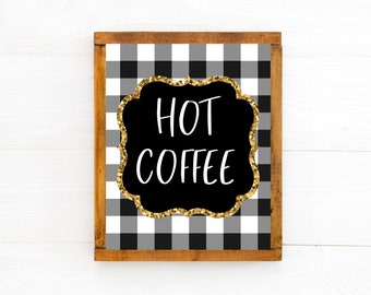 Letrero de café, Letrero de cafetería, Arte de pared de Navidad, Café caliente imprimible, Letreros de Buffalo Plaid, Letrero de fiesta navideña, Letrero de fiesta de Navidad