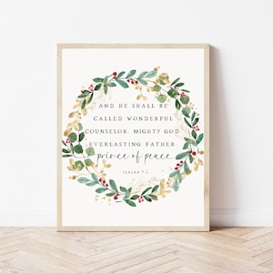Isaiah 9:6, Farmhouse Christmas Mantle Decor, Bible Verse Christmas Wall Art Print, Wonderful Counselor, Scripture Sign Winter Decorations