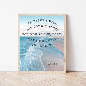 Ocean Bible Verse Wall Art, Sea Print, Psalm 4:8, Ocean Photography, Christian Beach Sign, Coastal Farmhouse, Ocean Scripture, Sea Photos