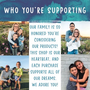 May include: A family of five poses for a photo in front of a brick wall. The text "OUR FAMILY IS SO HONORED YOU'RE CONSIDERING OUR PRODUCTS! THIS SHOP IS OUR HEARTBEAT, AND EACH PURCHASE SUPPORTS ALL OF OUR DREAMS. WE ADORE YOU!" is displayed on the wall.