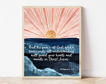 Filipenses 4:7, Y la paz de Dios, Versículo bíblico del océano imprimible, Arte de pared de las Escrituras en acuarela, Letrero cristiano para decoración del hogar, Oficina bíblica