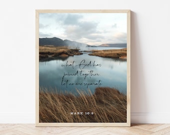 Christelijke bruiloftstekens, wat God heeft samengevoegd, Marcus 10:9, Bijbelvers huwelijksgeschenk, Schrifthuwelijk, religieus bruiloftsdecor