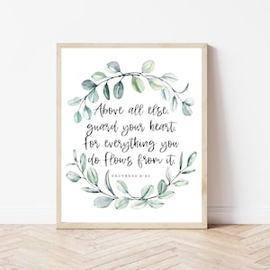 Spreuken 4:23, bewaak vooral je hart, schriftkunst aan de muur, bijbelversafdruk, christelijk kantoordecor, minimalistisch teken van bijbelverzen