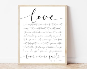 May include: Black and white printable wall art with a quote about love from the Bible, 1 Corinthians 13:4-7. The quote reads "Love is patient, love is kind. It does not envy, it does not boast, it is not proud. It does not dishonor others, it is not self-seeking. It is not easily angered, it keeps no record of wrongs. Love does not delight in evil but rejoices with the truth. It always protects, always trusts, always hopes, always perseveres. Love never fails."