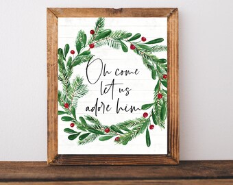 Oh Come Let Us Adore Him Sign, Chrześcijański znak bożonarodzeniowy, Wydruki bożonarodzeniowe, Dekoracja ścienna bożonarodzeniowa, Znak bożonarodzeniowy w stylu wiejskim, Sztuka ścienna bożonarodzeniowa