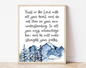 Trust In The Lord Printable, Proverbs 3:5-6, Bible Verse Wall Art Mountain, Scripture Prints, Christian Office Sign, Bible Quote Decor