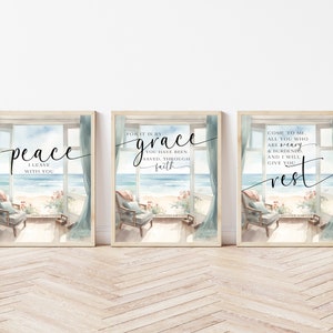 Bijbelvers muur kunst set van 3, schrift decor bundel, christelijke prints digitale download, kust woonkamer, galerij muur set afdrukbaar