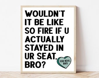 May include: A white framed print with black text that reads "Wouldn't it be like so fire if u actually stayed in ur seat. Bro?" with a teal heart that says "For Real. Bro" in white text.