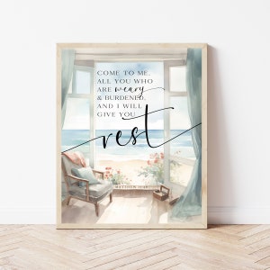 Matthew 11:28, Come To Me All Who Are Weary, Scripture Bedroom Decor, Ocean Bible Verse Bathroom Print, Christian Wall Art Modern Sign