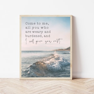 Matthieu 11:28, venez à moi tous ceux qui sont fatigués, impression d&#39;art mural verset de la Bible, enseigne chrétienne océan, déco cuisine maison de plage, chambre d&#39;enfant