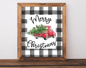 Merry Christmas Printable,Christmas Printable, Red Truck Christmas Print,Farmhouse Christmas, Holiday Wall Art, Christmas Wall Art