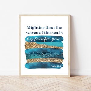 Mightier Than The Waves Of The Sea, Ocean Bible Verse Wall Art, Scripture Nursery Decor, Beach Home Sign, Nautical Nursery Print, Psalm 93:4