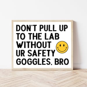 May include: A white framed poster with black text that reads "Don't pull up to the lab without ur safety goggles, bro." A yellow smiley face is next to the text.