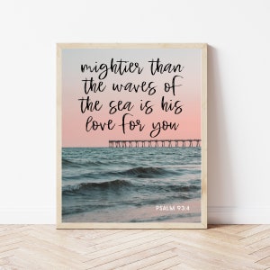 Mightier Than The Waves Of The Sea, Bible Verse Printable Wall Art, Psalm 93, Christian Prints, Ocean Bible Verse, Beach House Wall Art