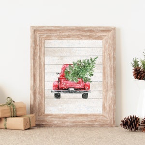 赤いクリスマス トラックの装飾、クリスマスの印刷物、クリスマスの壁の装飾、赤いトラックのクリスマス サイン、クリスマスの壁アート、ホリデー プリンタブル