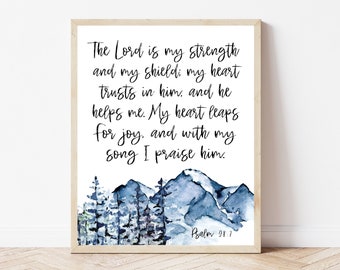 Pan jest moją siłą do wydrukowania, Psalm 28:7, werset biblijny, sztuka ścienna, chrześcijański prezent dla mężczyzn, plakat do biura biblijnego, wersety biblijne do pokoju zabaw dla dzieci