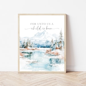 Art mural en versets bibliques de Noël, Ésaïe 9 : 6, Pour nous, un enfant est né, Décor de manteau de Noël des Écritures, Signe imprimable de Noël chrétien