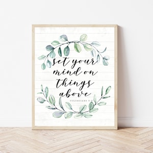 Bible Verse Wall Art Rustic, Colossians 3:2, Set Your Mind On Things Above, Christian Floral Print, Scripture Home Decor, Bible Bedroom Sign