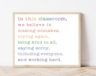 In This Classroom Poster, Rainbow Classroom Wall Decor, Class Rules Sign, Colorful Classroom Theme, Elementary Teacher Desk, Bulletin Board