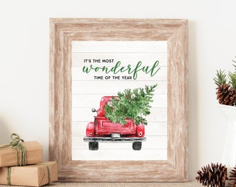 Farmhouse Christmas Decor, Vintage Red Truck Sign, It's the Most Wonderful Time of the Year, Christmas Printables, Christmas Decorations