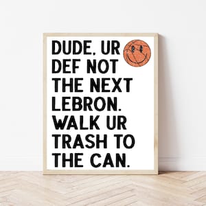 May include: A white framed print with black text that reads "DUDE, UR DEF NOT THE NEXT LEBRON. WALK UR TRASH TO THE CAN." A basketball with a smiley face is in the upper right corner.