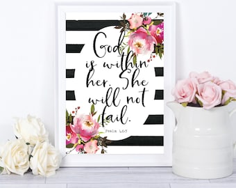 Bible Verse Wall Art, Printable Wall Art, Scripture Wall Art,Bible Verse Wall Sign, God is Within Her She Will Not Fail,Psalm 46