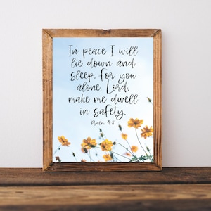 Bible Verse Wall Art Bedroom, Psalm 4:8, In Peace I Will Lie Down Print, Scripture Art Printable, Anxiety Relief, Faith Wall Art Download