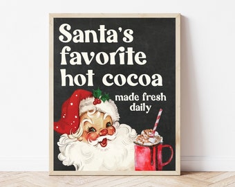 Hot Cocoa Bar Sign Digital, Retro Christmas Decor, Santa Wall Art, Hot Chocolate Print, Christmas Party Decoration, Holiday Kitchen Decor