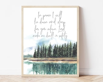 Psalm 4:8, In Peace I Will Lie Down, Bible Printable Wall Decor, Scripture Bedroom Sign, Forest Bible Verse, Christian Wall Art Above Bed