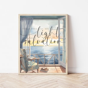 May include: A watercolor painting of a window with a view of the ocean at sunset. The text "THE LORD IS MY LIGHT AND SALVATION" is written in cursive script. The verse "PSALM 27:1" is written below the text.