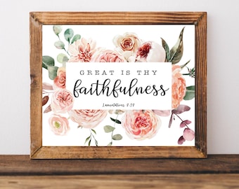 Letrero cristiano floral, Grande es tu fidelidad, versículo bíblico para pared, imprimible, Lamentaciones 3:23, Biblia en acuarela, decoración para el hogar y la oficina